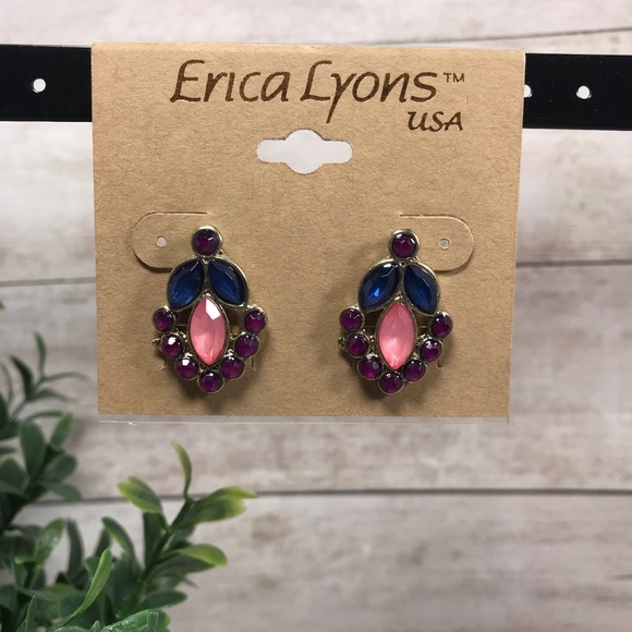 Erica Lyons Jewelry - Erica Lyons Vintage Style Gold Tone Gemstone Floral Design Earrings